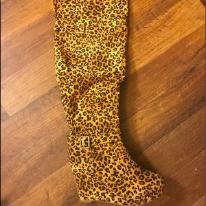 cheetah print wedge heel over the knee boots